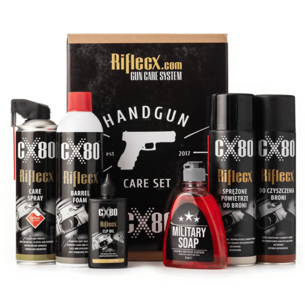 RifleCX Handgun Care Set with cleaning and maintenance products for small arms.
