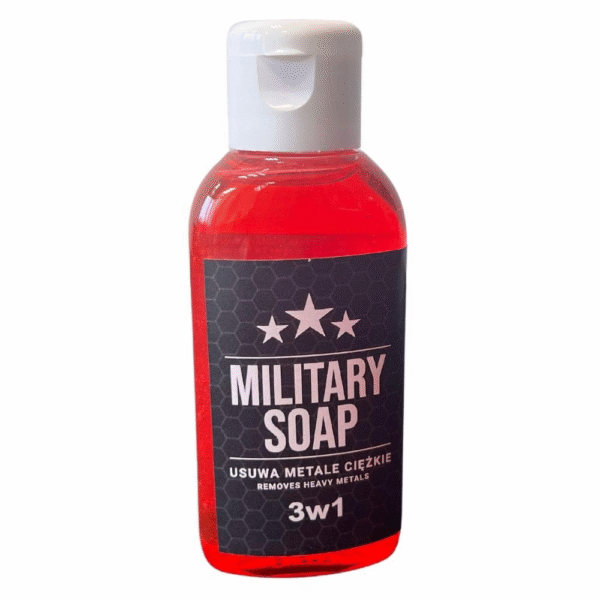 RifleCX Military Soap 50 ml bottle with red liquid and black label.​